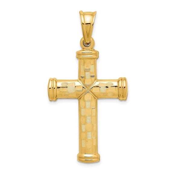 Mens 14k Yellow Gold Hollow Reversible Textured Cross Pendant, 23x45mm - Picture 1 of 5